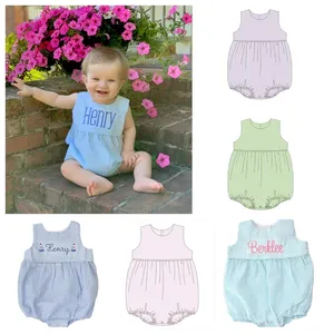 Wholesale Unisex Baby Seersucker Jumpsuits Summer Monogram Sleeveless Toddler Baby Bubble Romper