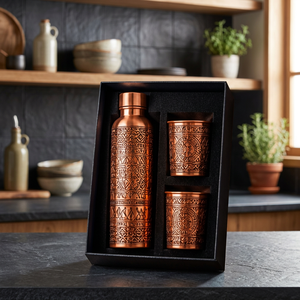 Juego de Botella de Agua y 2 Vasos de Cobre Puro con Grabado Tribal Azteca Indio, Ecológico, en Caja de Regalo de Lujo, Venta al Por Mayor - Product Image 1