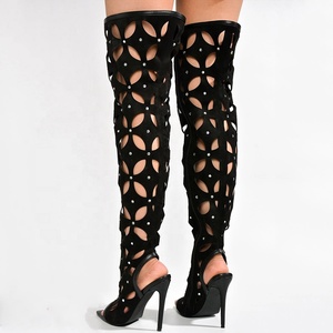 Women Wholesale Suede Cut Out Over Knee High Boots Peep Toe Stiletto Heels Diamonds <b>Shoes</b> Side Zipper Summer Long Booties - Product Image 5