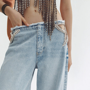 Jeans da Donna in Denim Spandex/Cotone con Strass, Stile Europeo-Americano, <span class=keywords><strong>a</strong></span> <span class=keywords><strong>Vita</strong></span> <span class=keywords><strong>Bassa</strong></span>, Lavati, Lunghi fino al Pavimento - Product Image 4