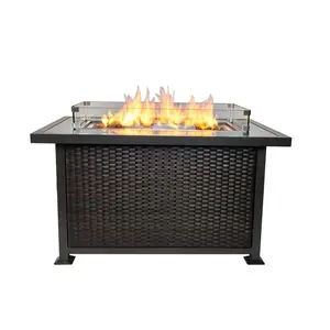 43 In Outdoor Garden Fire Pit Square Gas Burner Propane Fire Pit Rattan Table Outdoor Heating Firepits Tables