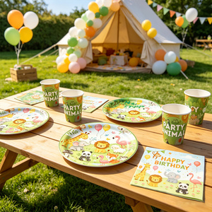 Ensemble de fournitures pour fête d'anniversaire sur le thème des animaux de la <span class=keywords><strong>jungle</strong></span>, 65 pièces, <span class=keywords><strong>vaisselle</strong></span> <span class=keywords><strong>jetable</strong></span> avec assiettes en papier, gobelets, serviettes pour enfants, fête sur le thème du safari - Product Image 2