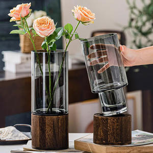 Jarrón de Vidrio <span class=keywords><strong>con</strong></span> Base de Madera Moderna, Tinte Oscuro, Ecológico, Hecho a Mano, para Flores Frescas, Girasoles, <span class=keywords><strong>Eucalipto</strong></span> - Product Image 2