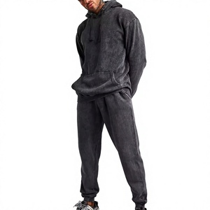 Men Acid Wash 2 in 1 Hip Hop <b>Tracksuit</b> Full Sleeve Hooded Solid Color Casual Regular Fit 100% Cotton Sweatshirt Pants Set Winter - Product Image 1