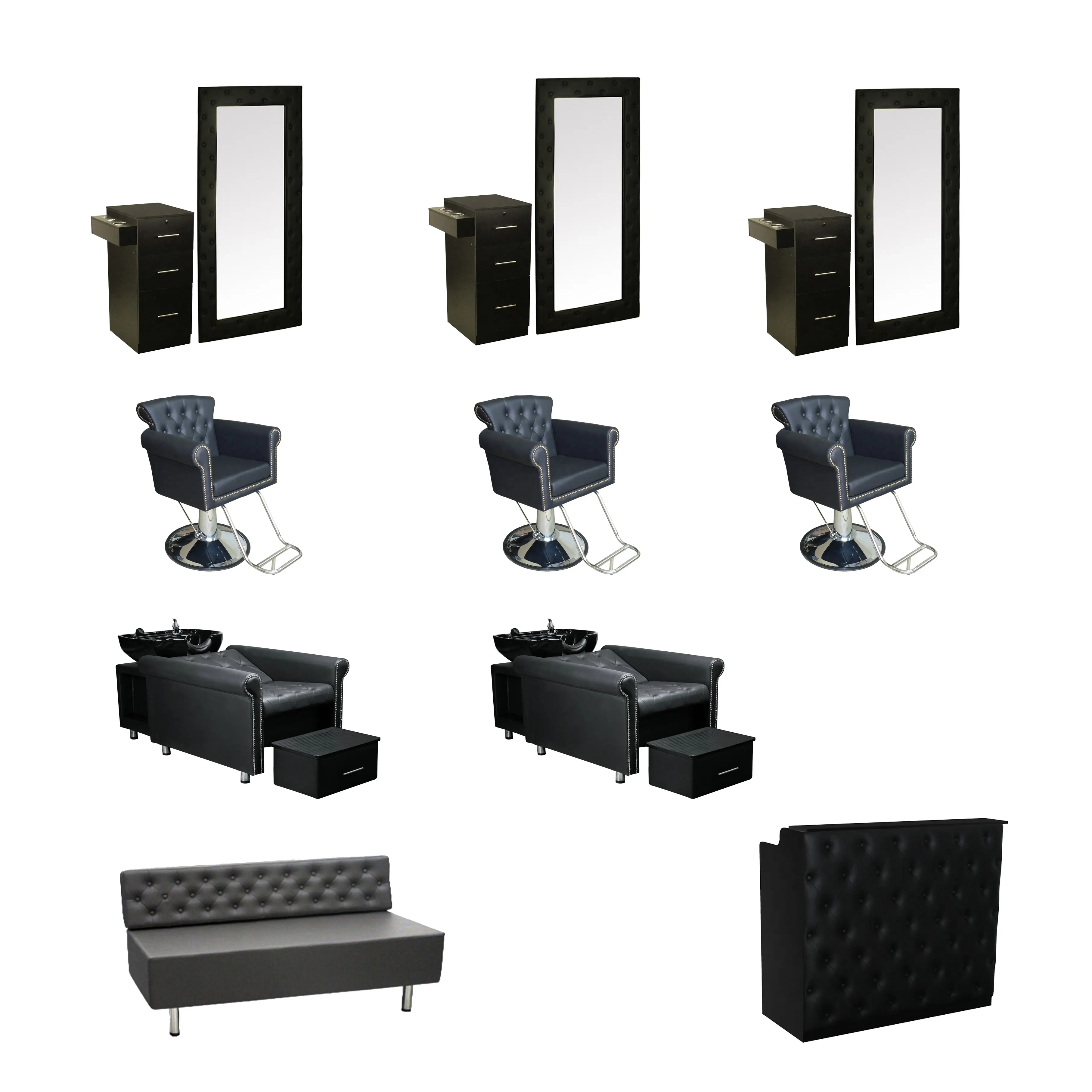Wholesale Luxury Modern Equipment And Furniture Set Mirror Station Spa Beauty Styling Barber Shampoo Chairs Hair Salon Package