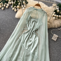 Robe midi sans manches style vacances d'été à la française avec cape transparente à manches longues pour femme