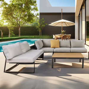 Nuevo <span class=keywords><strong>Diseño</strong></span> <span class=keywords><strong>de</strong></span> <span class=keywords><strong>Muebles</strong></span> <span class=keywords><strong>de</strong></span> <span class=keywords><strong>Exterior</strong></span> Momoda, Mayorista, Conjunto <span class=keywords><strong>de</strong></span> Sofá Modular en Forma <span class=keywords><strong>de</strong></span> L para Jardín con Mesa <span class=keywords><strong>de</strong></span> Centro <span class=keywords><strong>de</strong></span> Teca - Product Image 1
