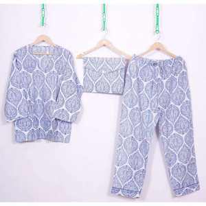 ชุดนอนผ้าซาตินคอตตอนพรีเมียมสำหรับผู้หญิง ชุดลำลองฤดูใบไม้ร่วง 2 ชิ้น ระบายอากาศได้ดี เนื้อผ้านุ่ม ติดกระดุม แขนยาว เอวยางยืด ลายบล็อกทำมือ - Product Image 4