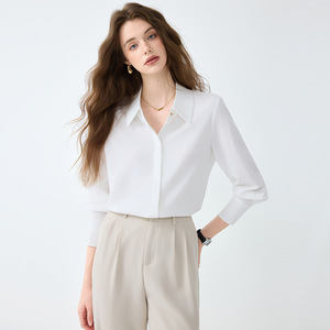 Women's Blue Long Sleeve Shirt Solid Color Polyester Broadcloth Workwear Top Professional Formal Wear For Office - Product Image 3