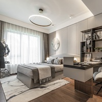 Ensemble de chambre à coucher moderne en fer forgé avec lit à tête capitonnée, tables de chevet, bibliothèque, bureau d'étude et fauteuil pour appartement et hôtel
