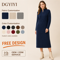 Robe décontractée pour femme en maille côtelée 300 GSM, col montant, manches longues, coupe droite, confortable et chaude, personnalisable avec logo OEM ODM, tailles XS-5XL
