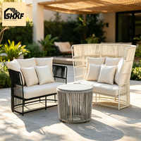 Ensemble de salon de jardin en corde tressée avec table basse ronde, structure en aluminium, deux places rembourrées, pour jardin, villa, terrasse
