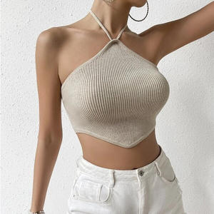 Women's Knit Halter Top Apricot Solid Color Micro <b>Elasticity</b> Summer Breathable Casual Wear - Product Image 3
