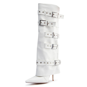 Women's Overlay Fashion Long Boots Slim High-Heeled Pointed Toe Pants Knee High <b>Booties</b> Belt Metal Buckles Shoes - Product Image 4