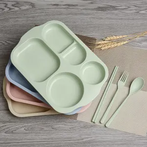 4 قطعة مجموعة طفل جميل وعاء المواد البلاستيكية الأطفال الاقسام طبق عشاء القمح سترو المائدة