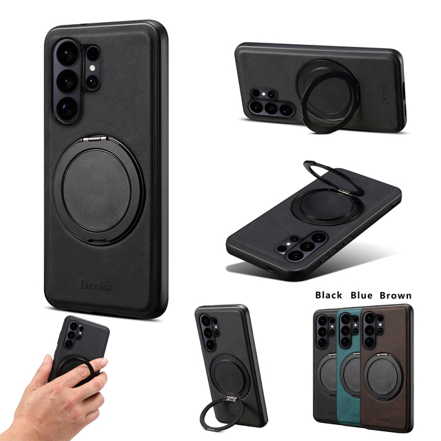 Denior Luxury Vintage PU Leather Mobile Phone Case 360 Rotatable Magnetic Ring Stand Compatible for S26/S25/S24/S23 Series