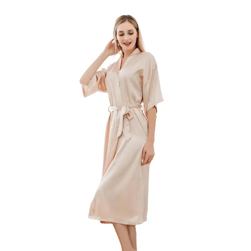 European and American hot selling long nightgown solid color micro-elastic dressing gown ladies thin sexy satin bathrobe