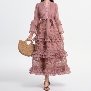 เดรสแฟชั่นเอวแขนบานมีระบายลายฉลุลูกไม้แบบประกบแนววินเทจ - Product Image 3