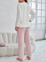 Pyjama thermique d'hiver en flanelle pour femme, 100 % polyester, 220 g, uni, col lisse, tricot doux, manches longues, longueur intégrale, avec cordon de serrage