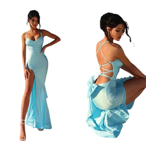 Cravate au dos avec grand nœud, bretelles spaghetti sans manches, robe fendue au sol sexy et élégante robe formelle de fête/date - Product Image 1