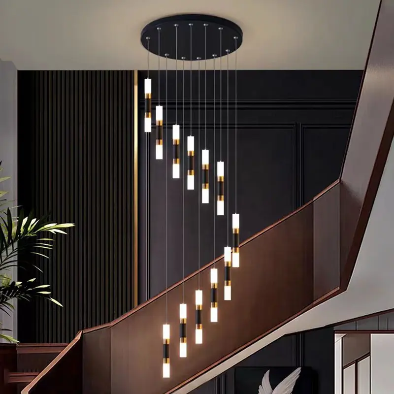 Moderne Zwart Goud Wenteltrap Plafond Kroonluchter Indoor Opknoping Led Foyer Hanglamp Voor Thuis