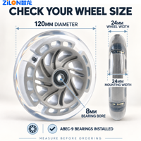 Roue avant de trottinette enfant OEM 120 mm avec 3 lumières LED blanches, roues de remplacement en PU, roulement ABEC-9, lumineuses, logo et couleur personnalisables