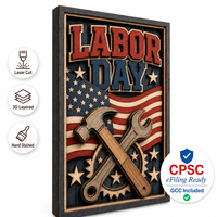 Art mural pour la fête du travail, 5x7 pouces |   Drapeau 3D en contreplaqué peuplier multicouche motif marteau et clé |   CPSC |   Décoration patriotique pour bureau, décoration en bois