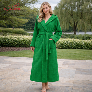 Softextiles Custom Logo Luxury Green Pure Cotton Jacquard <strong>Hooded</strong> <strong>Bathrobe</strong> Quick-drying Breathable Bath Robe Spa <strong>Bathrobe</strong> - Product Image 1