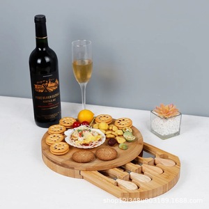 Bandeja de queso de bambú con cajón, doble capa, redonda, portátil, para servir pan, repostería, aperitivos y vino. - Product Image 1