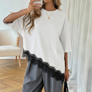 T-<span class=keywords><strong>shirt</strong></span> asymétrique tendance pour <span class=keywords><strong>femme</strong></span> avec dentelle, collection été 2026, décontracté chic, col rond, coupe oversize, manches 3/4, longueur longue - Product Image 6