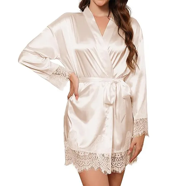 Womens Áo lụa, ren TRIM satin áo choàng, 3/4 Tay áo V cổ lụa áo choàng tắm Kimono áo choàng tắm cho cô dâu Phù Dâu