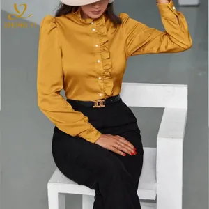 Fashion Women's Chiffon Autumn Shirts Long Sleeves Yellow Tops V-Neck Chest Pleated Clothes Office Women's Clothing blouse