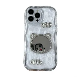 Capa de strass para celular DIY, capa de espelho de urso 3D para iPhone, maquiagem para meninas, iPhone15, 14promax, 13promax 12