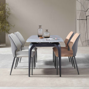 Mufang <span class=keywords><strong>Table</strong></span> à manger personnalisée <span class=keywords><strong>avec</strong></span> pieds en acier rallonge coulissante et plateau en pierre d'ardoise en marbre fritté pour meubles de maison ou hôtels - Product Image 1