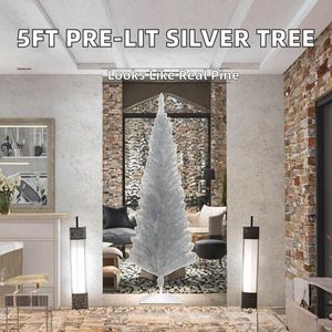 Silver <b>Pencil</b> Artificial <b>Christmas</b> <b>Tree</b> 5ft Plastic Base Plug-In White LED Realistic Indoor Decor - Product Image 2
