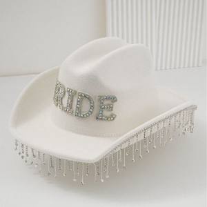 Adult Beads Tassel Cowboy <strong>Cowgirl</strong> <strong>Hat</strong> Letter <strong>Bride</strong> European American Jazz White Felt Fringed <strong>Hat</strong> - Product Image 2