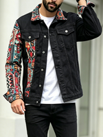 Veste en jean noire pour homme, style ethnique, patchwork, streetwear, bohème, veste de camionneur, manteau, vêtement d'extérieur