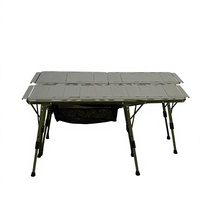 Table pliante d'extérieur en aluminium avec plateau à lattes, filet de rangement, pieds télescopiques réglables - Idéale pour le camping, les pique-niques et la plage, design moderne