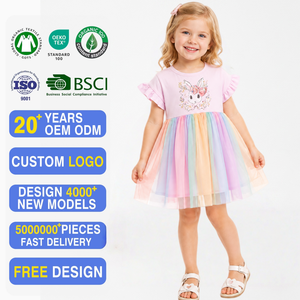 Vestito Tutu Rosa Arcobaleno <span class=keywords><strong>per</strong></span> Bambine con Maniche a Sbuffo e Motivo Coniglietto in Cotone Organico, Abito Casual <span class=keywords><strong>per</strong></span> Bambini 20 Anni OEM ODM - Product Image 1