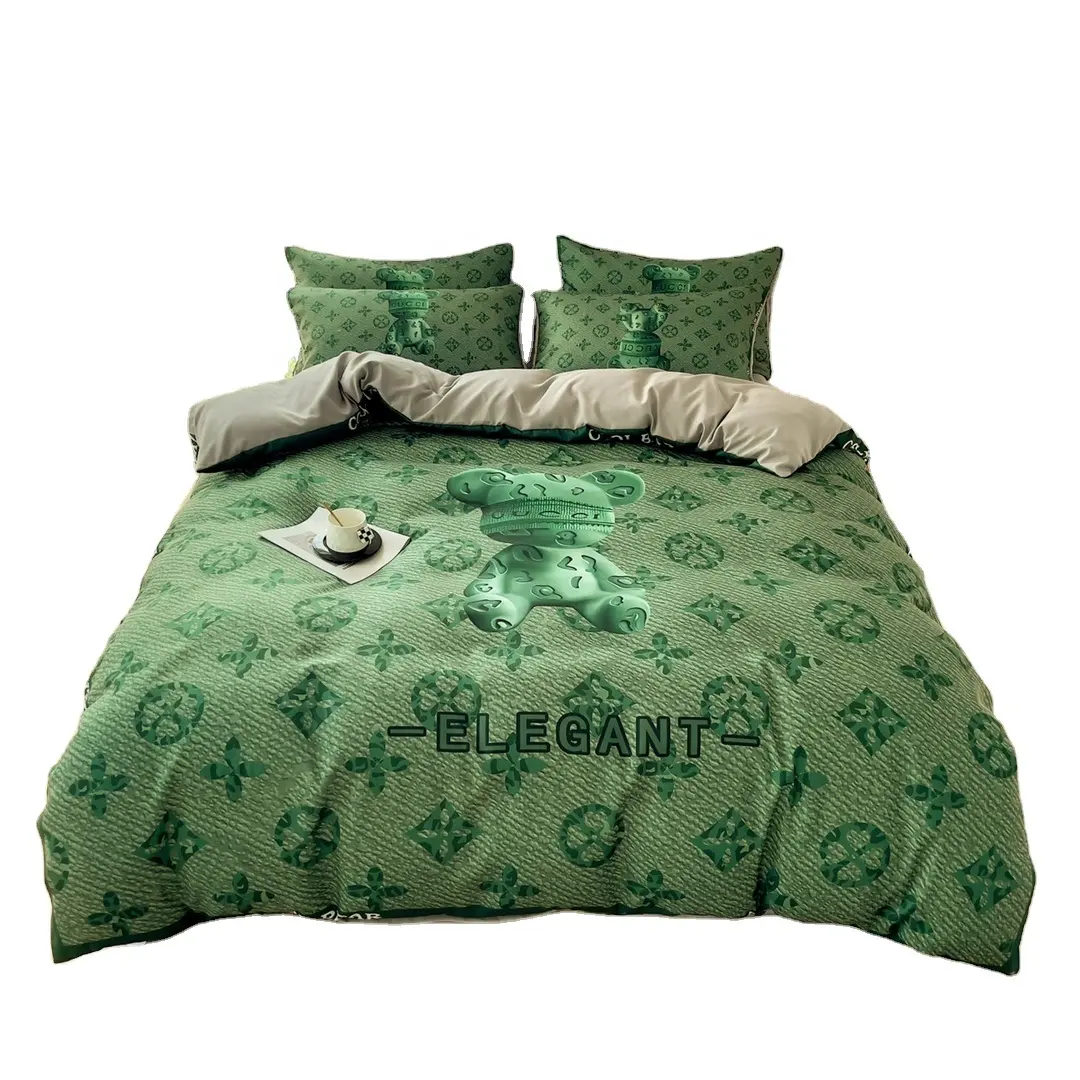 Brushed Cotton 4-In-1 Bedding Set Green Twin Size Duvet Cover Bed Sheet Bedding Set