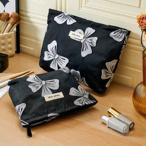 Women's Large Capacity Double Layer Portable Cosmetic Bag with Zipper Closure <b>Bow</b> High-Looking Travel Storage for Outing - Product Image 2