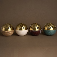 Ensemble Brûleur d'Encens Travertin Marbre Beige Arabe, Boule Ronde en Pierre Mabkhara