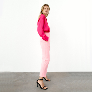 Nouveau design personnalisé, confortable, pantalon <span class=keywords><strong>cigarette</strong></span> <span class=keywords><strong>taille</strong></span> <span class=keywords><strong>haute</strong></span> décontracté de couleur pure avec poches frontales pour femmes - Product Image 2