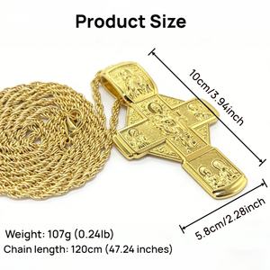Kalung Liontin Salib Ortodoks HT 3.94 Berlapis Emas dengan Ikon Religius Terukir, Rantai Panjang 120cm, Perhiasan Kristen untuk Pria - Product Image 6