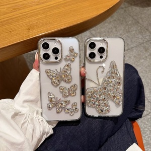Coque de téléphone de luxe 3D papillon en strass pour <span class=keywords><strong>iPhone</strong></span> 17 Pro Max, style coréen, design personnalisé pour femmes, compatible <span class=keywords><strong>iPhone</strong></span> 16 15 14 Plus - Product Image 1