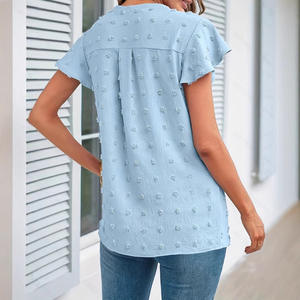 2025 verano para <span class=keywords><strong>Amazon</strong></span> Blusa de gasa de moda transfronteriza para mujer Europeo Americano Casual cuello en V fruncido Puff <span class=keywords><strong>manga</strong></span> sólida - Product Image 2