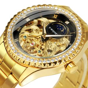 WINNER Tourbillon Montre de luxe pour hommes Crystal Case Squelette Gravé Phase de Lune Cadran Mécanique Bracelet en acier inoxydable relogio - Product Image 1