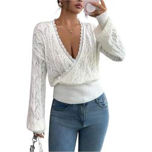 Soly Hux Pull en dentelle à col en V pour femme, manches longues, tricot crocheté, pull décontracté, hauts pour l'automne - Product Image 1