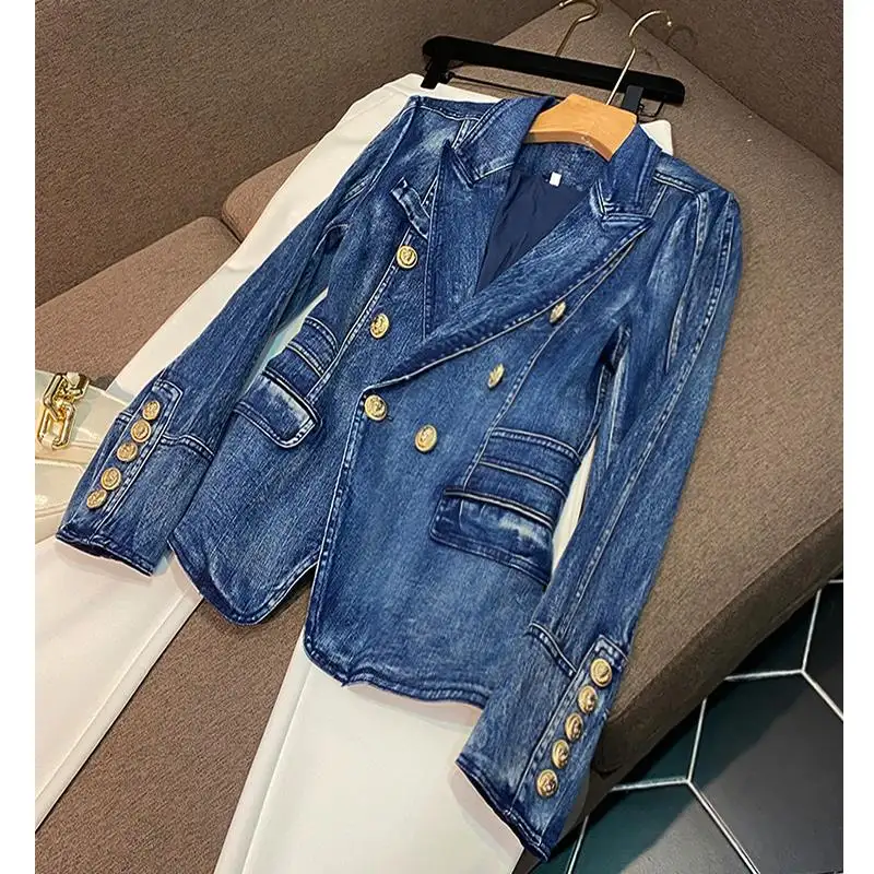 Nieuwe Collectie Jeans Jas Double-Breasted Lange Mouwen Jas Vrouwen Mode Streetwear Denim Blazer