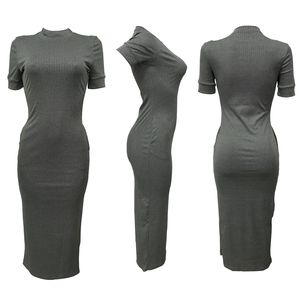 Viviblook Z428DS03 Mujer Verano Color sólido O Cuello Manga corta Acanalado Sexy Maxi Vestido de talla grande - Product Image 5